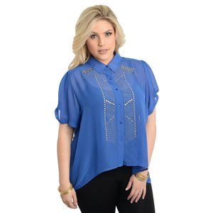 Lamjya Ladies Sheer Button Shirt Embellished Hi-Lo Hem Blue Plus Size 1X  NWT